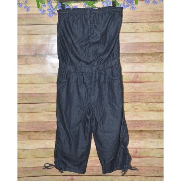 Blue Spice Dark Chambray Tube Top Sleeveless Romper Jumpsuit Size L Crop Pockets - Picture 1 of 9